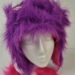 Girls Purple Pink Monster Faux Fur Winter Hat Cap with Earflaps Size S/M